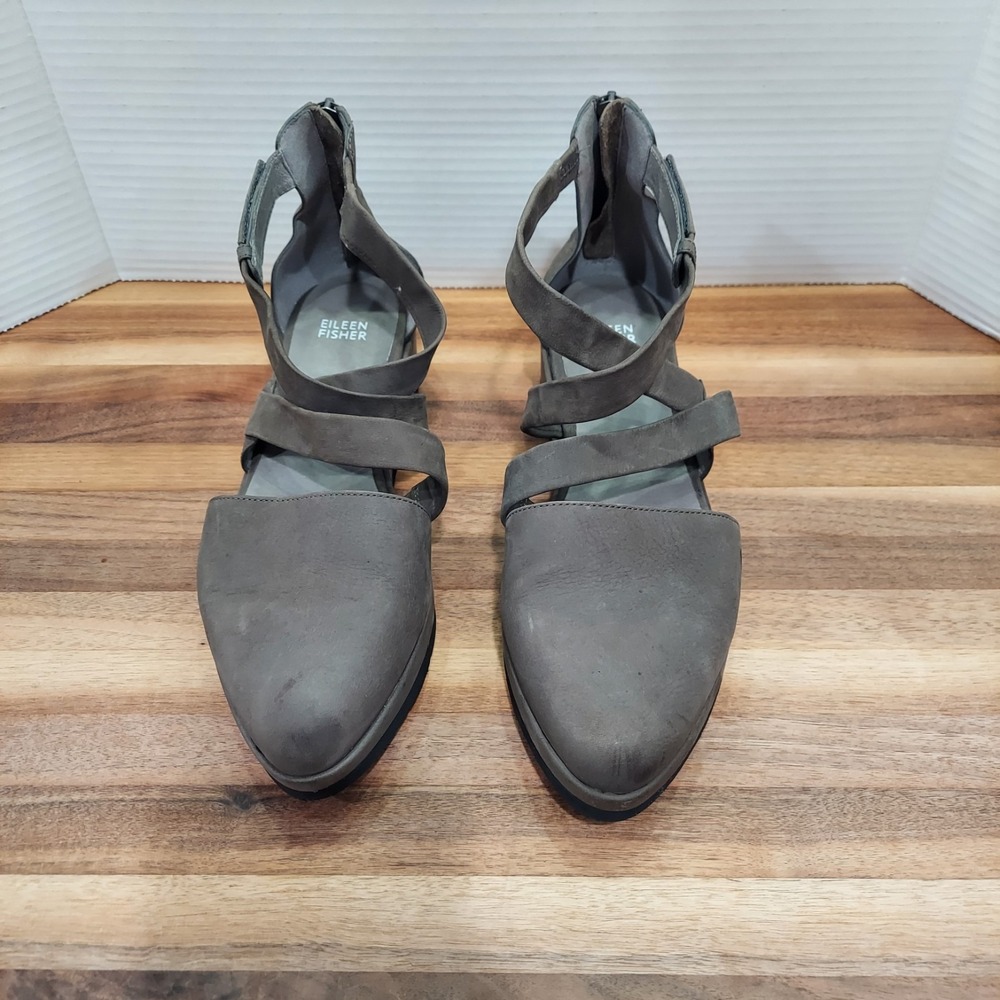 Eileen Fisher Wedge Sandals Women's 10 Gray Leather Strappy Pointed Toe Zip Back - Picture 3 of 16